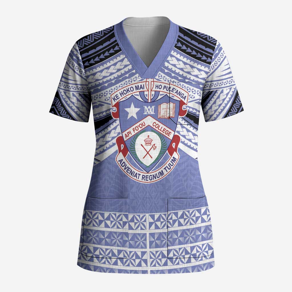 Personalised Tonga Apifoou College Scrub Top Polynesian Ngatu Tribal LT9 Adult Blue - Polynesian Pride