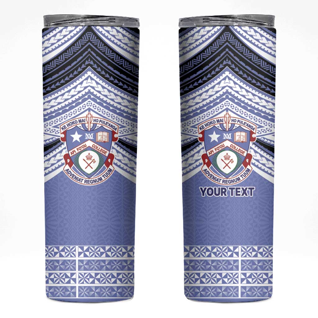 Personalised Tonga Apifoou College Skinny Tumbler Polynesian Ngatu Tribal LT9 Blue - Polynesian Pride