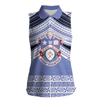 Personalised Tonga Apifoou College Women Sleeveless Polo Shirt Polynesian Ngatu Tribal LT9 Female Blue - Polynesian Pride