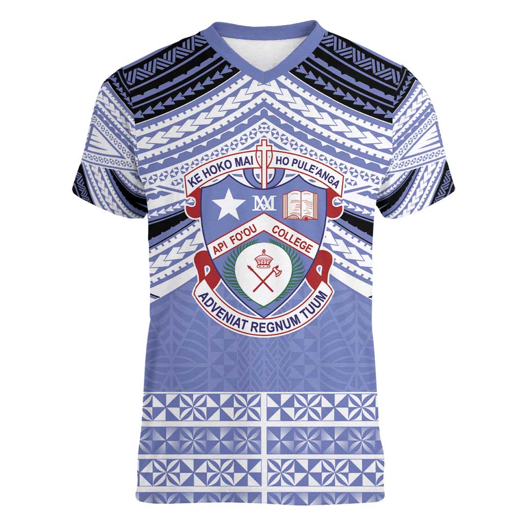 Personalised Tonga Apifoou College Women V-Neck T-Shirt Polynesian Ngatu Tribal LT9 Female Blue - Polynesian Pride