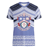 Personalised Tonga Apifoou College Women V-Neck T-Shirt Polynesian Ngatu Tribal LT9 Female Blue - Polynesian Pride