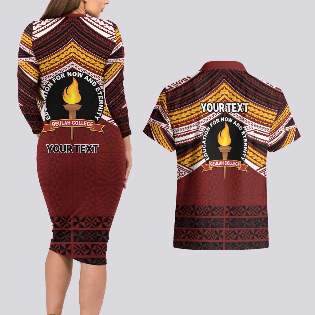 Personalised Tonga Beulah College Couples Matching Long Sleeve Bodycon Dress and Hawaiian Shirt Polynesian Ngatu Tribal