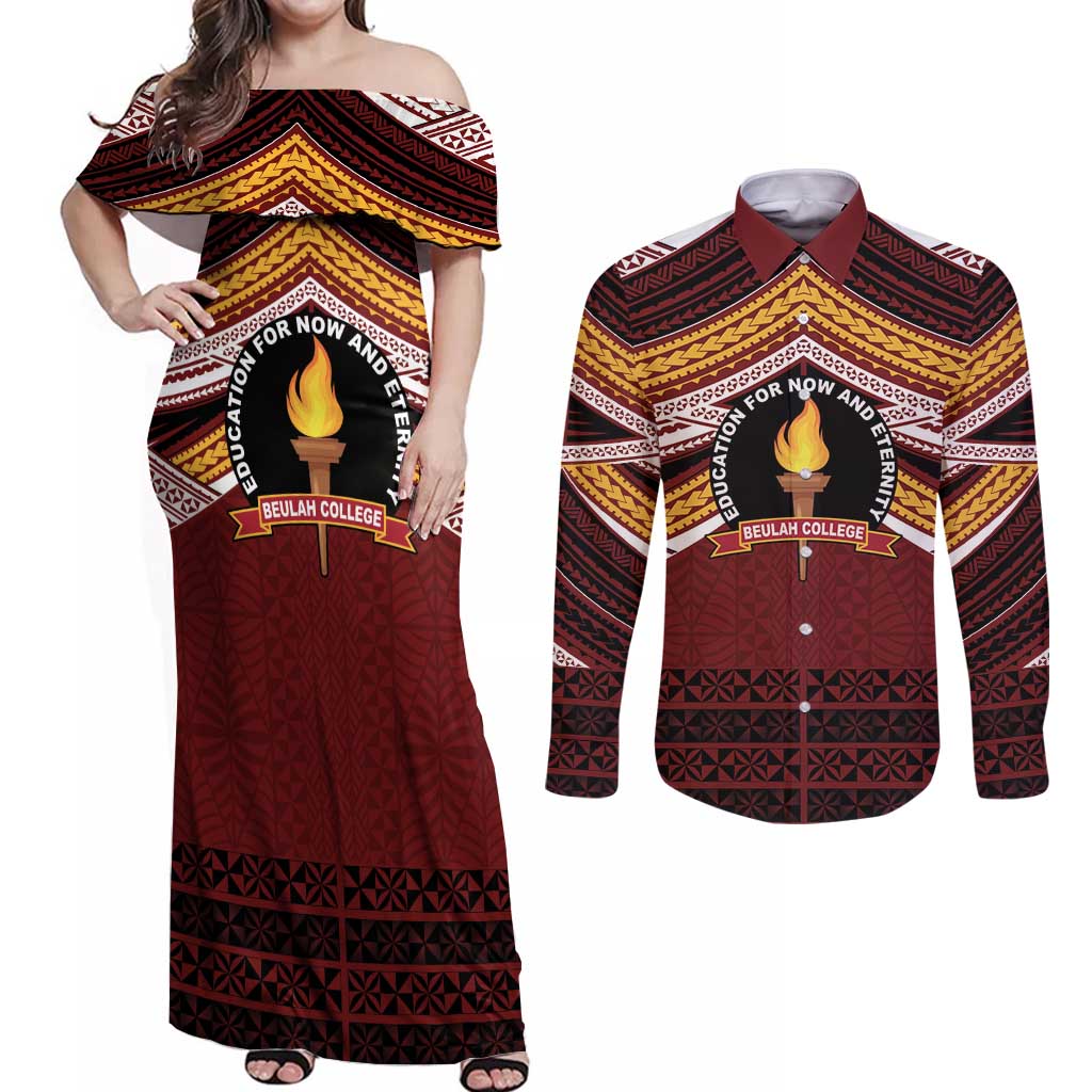Personalised Tonga Beulah College Couples Matching Off Shoulder Maxi Dress and Long Sleeve Button Shirt Polynesian Ngatu Tribal LT9 Red - Polynesian Pride