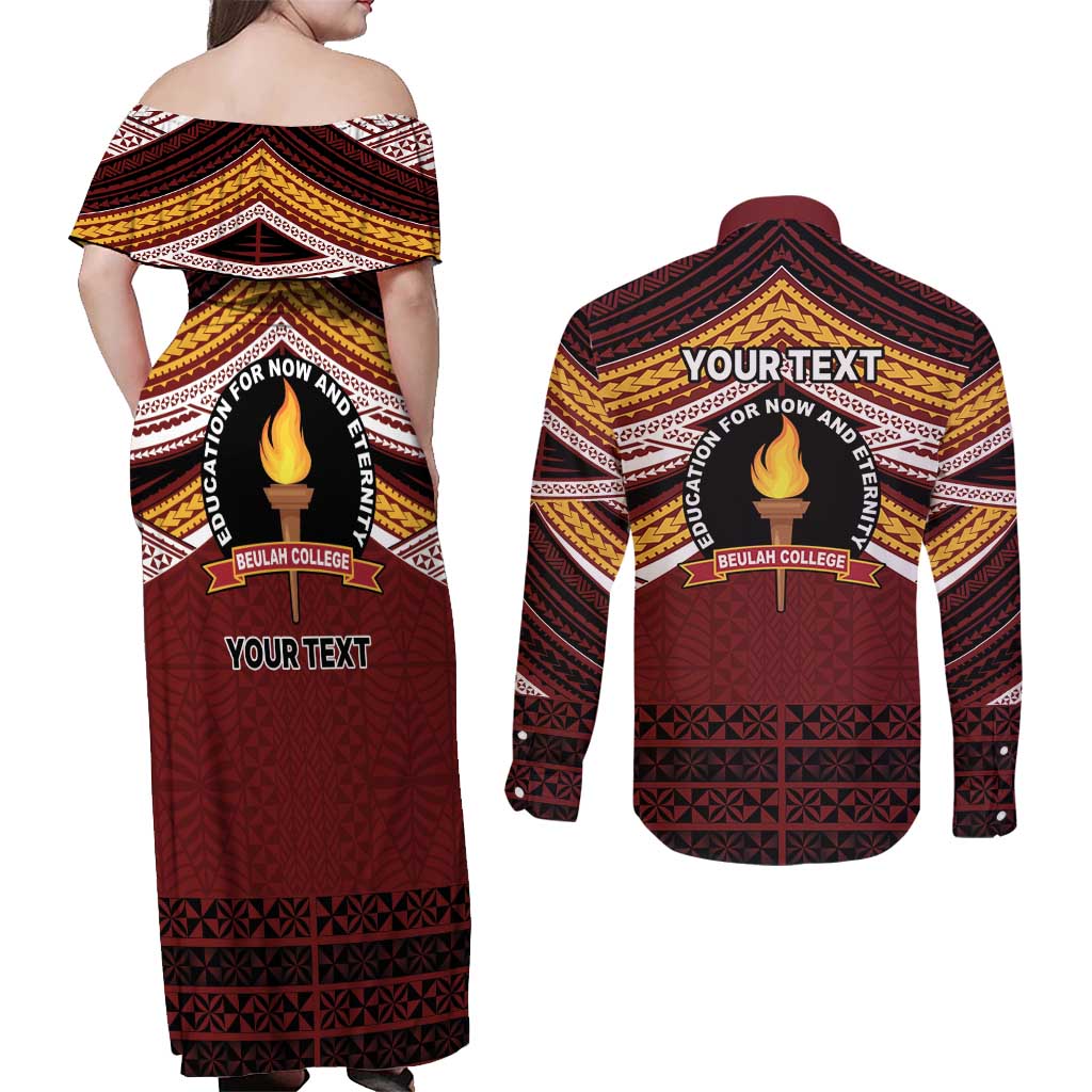 Personalised Tonga Beulah College Couples Matching Off Shoulder Maxi Dress and Long Sleeve Button Shirt Polynesian Ngatu Tribal LT9 - Polynesian Pride