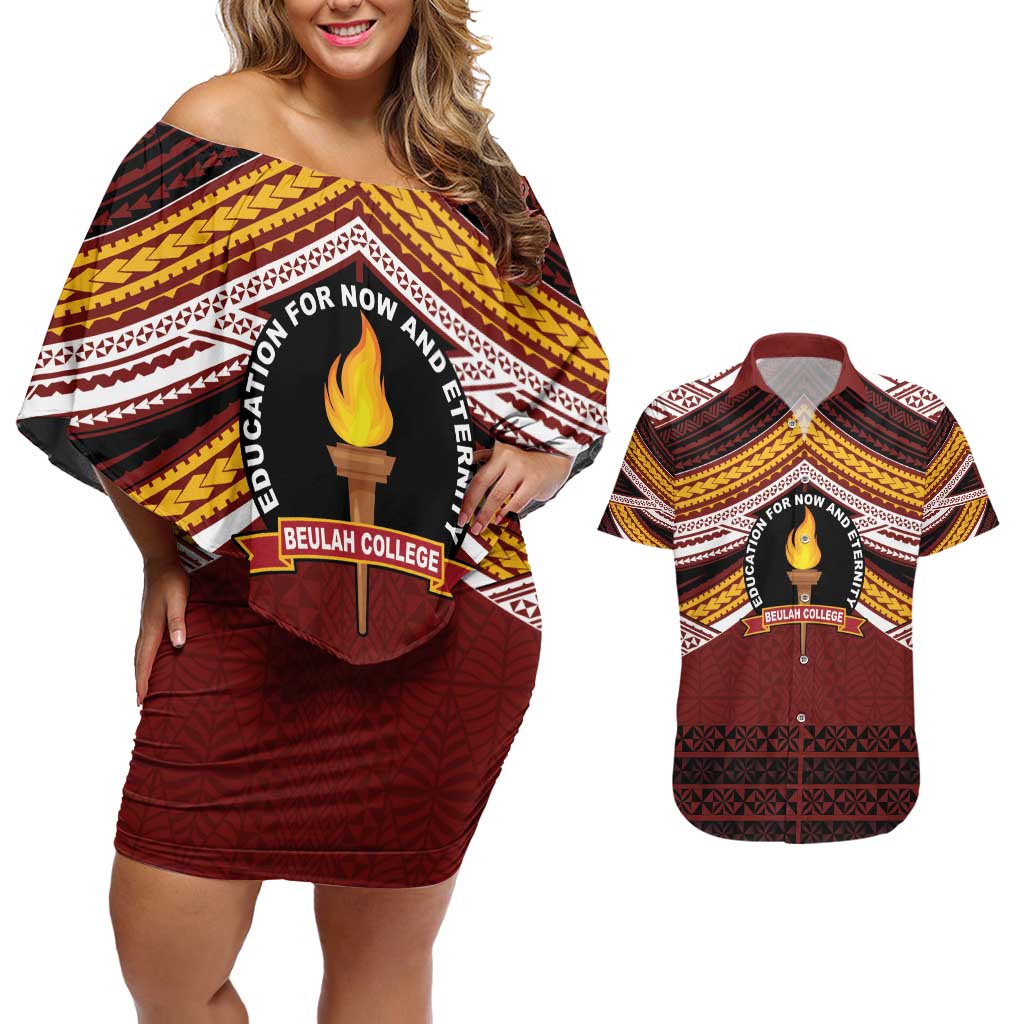 Personalised Tonga Beulah College Couples Matching Off Shoulder Short Dress and Hawaiian Shirt Polynesian Ngatu Tribal LT9 Red - Polynesian Pride
