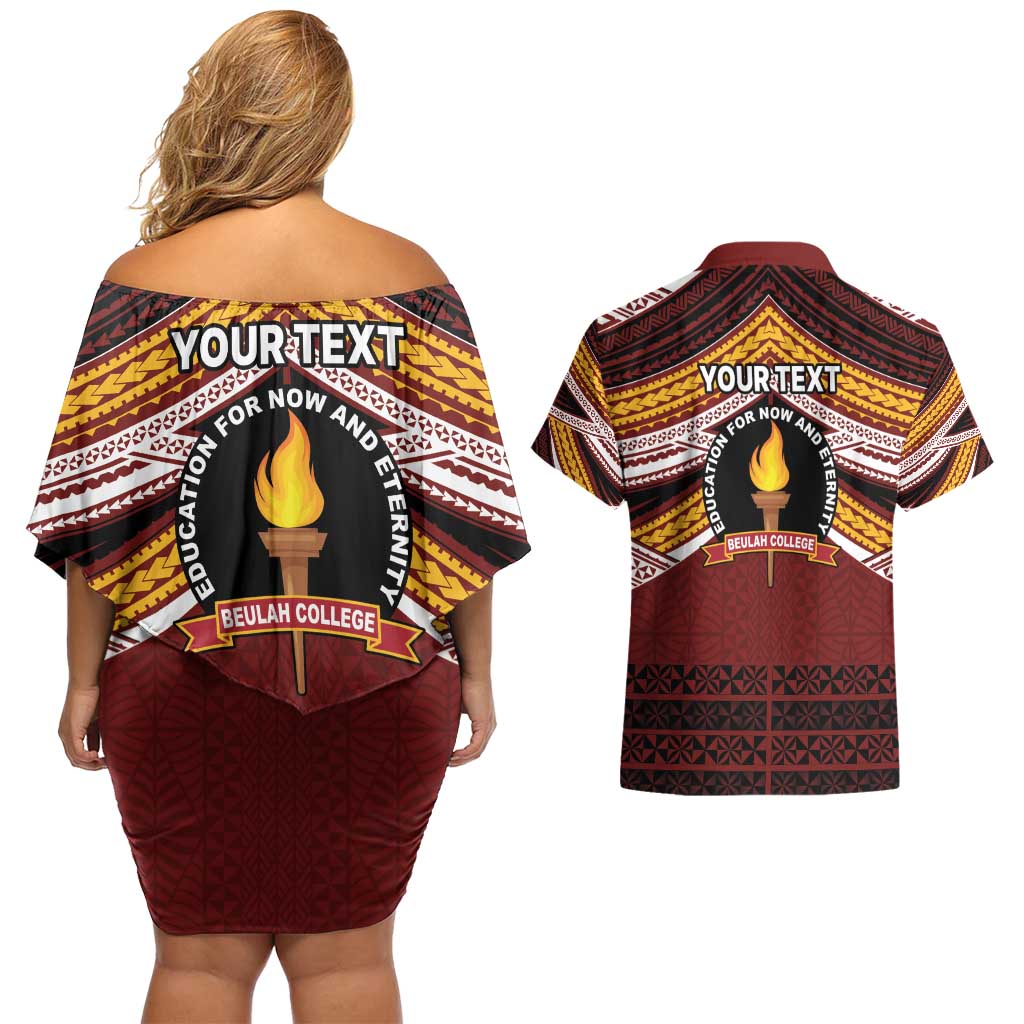 Personalised Tonga Beulah College Couples Matching Off Shoulder Short Dress and Hawaiian Shirt Polynesian Ngatu Tribal LT9 - Polynesian Pride