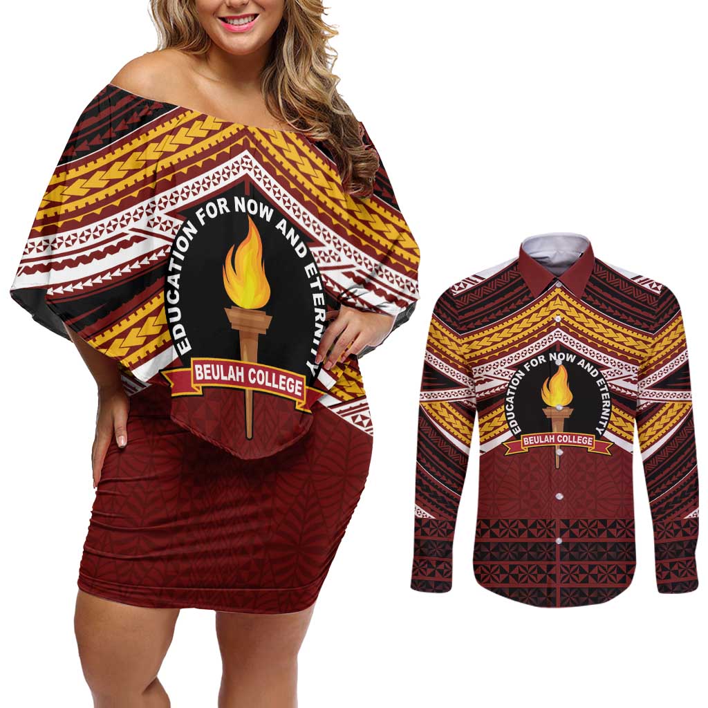 Personalised Tonga Beulah College Couples Matching Off Shoulder Short Dress and Long Sleeve Button Shirt Polynesian Ngatu Tribal LT9 Red - Polynesian Pride
