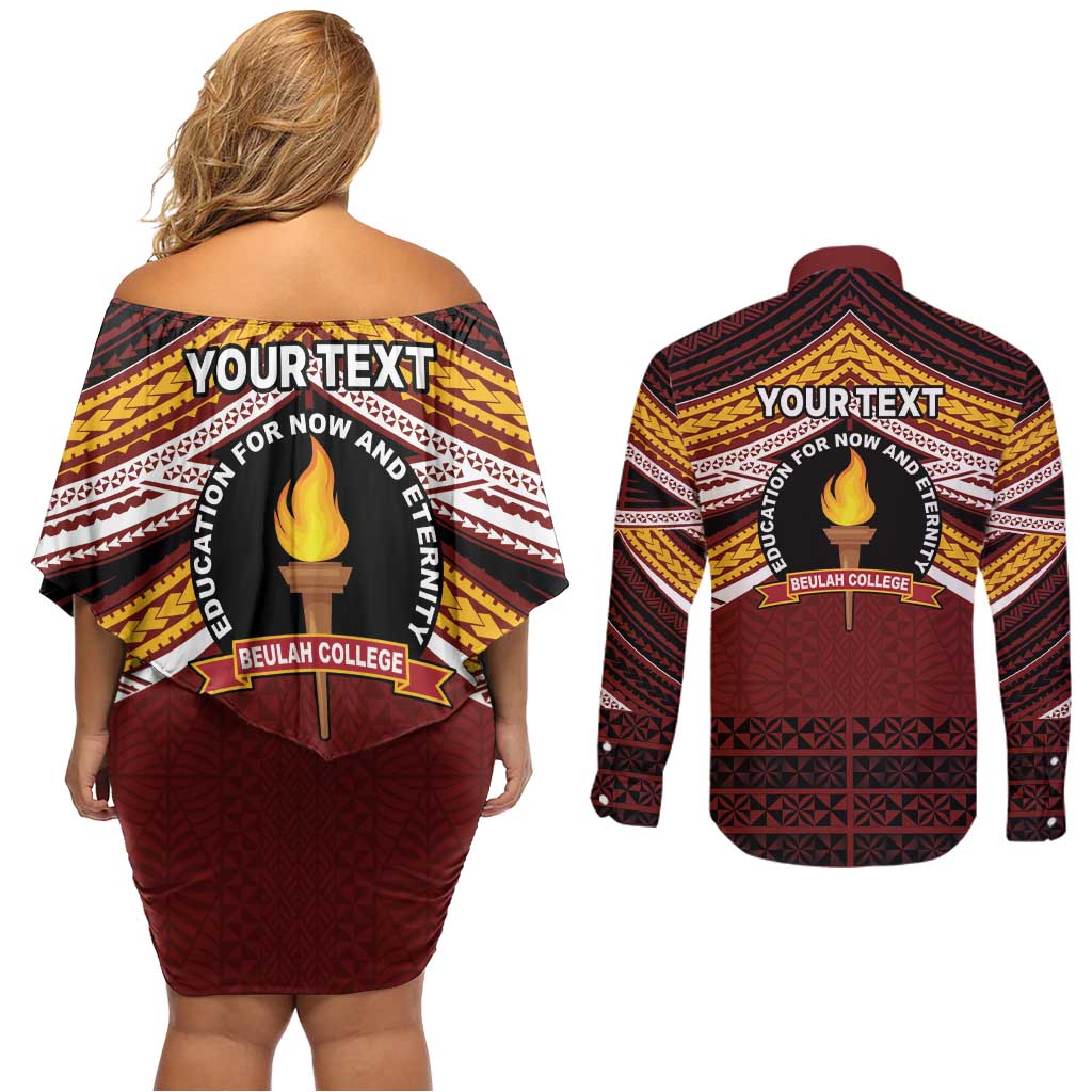 Personalised Tonga Beulah College Couples Matching Off Shoulder Short Dress and Long Sleeve Button Shirt Polynesian Ngatu Tribal LT9 - Polynesian Pride