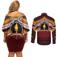 Personalised Tonga Beulah College Couples Matching Off Shoulder Short Dress and Long Sleeve Button Shirt Polynesian Ngatu Tribal LT9 - Polynesian Pride