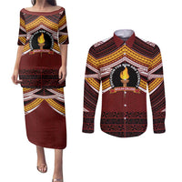 Personalised Tonga Beulah College Couples Matching Puletasi and Long Sleeve Button Shirt Polynesian Ngatu Tribal