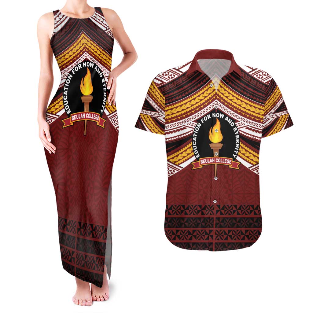 Personalised Tonga Beulah College Couples Matching Tank Maxi Dress and Hawaiian Shirt Polynesian Ngatu Tribal