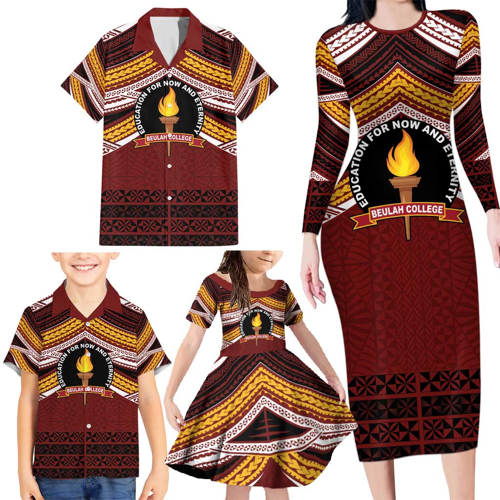 Personalised Tonga Beulah College Family Matching Long Sleeve Bodycon Dress and Hawaiian Shirt Polynesian Ngatu Tribal