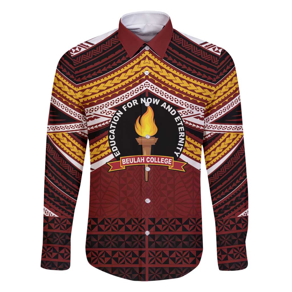 Personalised Tonga Beulah College Family Matching Mermaid Dress and Hawaiian Shirt Polynesian Ngatu Tribal LT9 Dad's Shirt - Long Sleeve Red - Polynesian Pride
