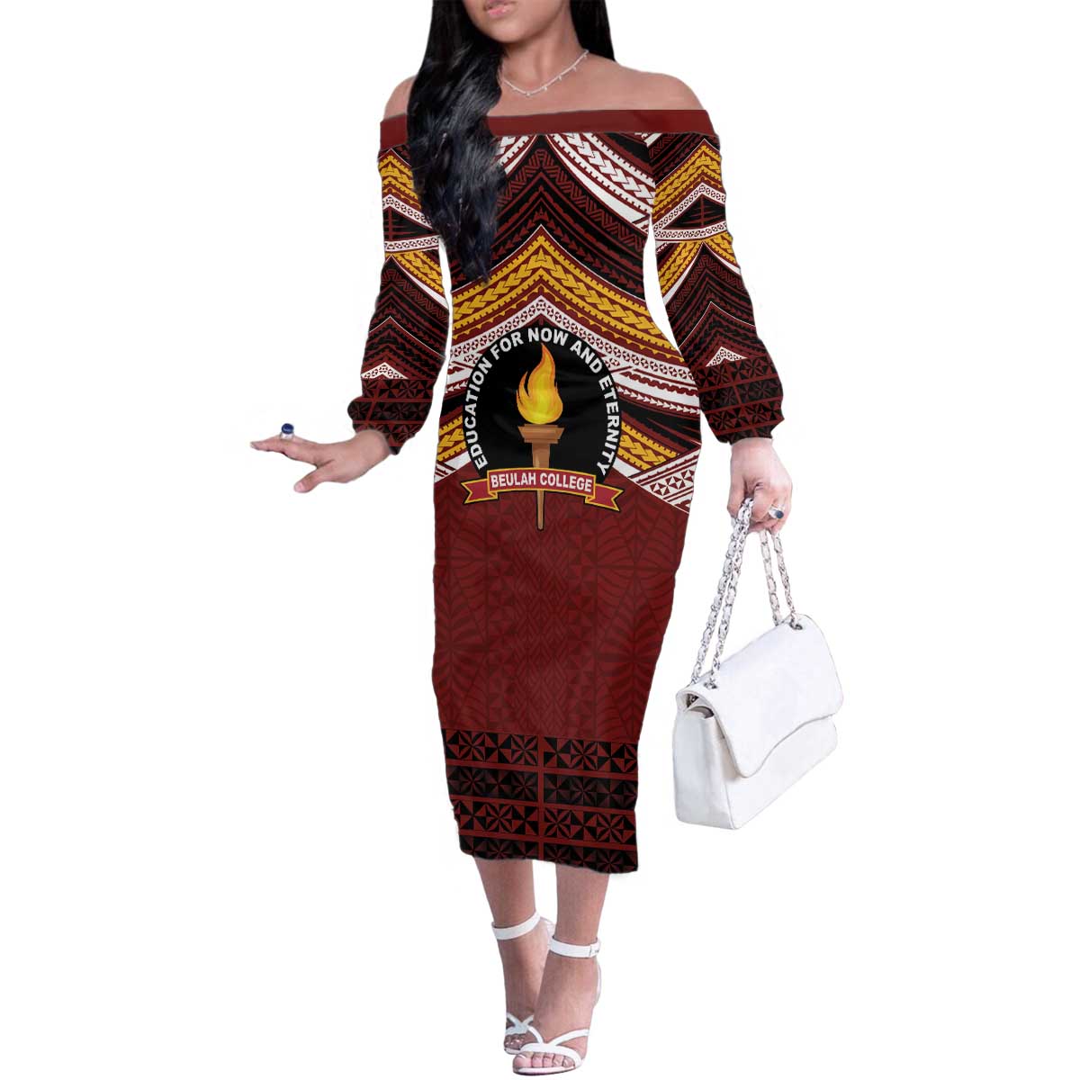 Personalised Tonga Beulah College Family Matching Off The Shoulder Long Sleeve Dress and Hawaiian Shirt Polynesian Ngatu Tribal