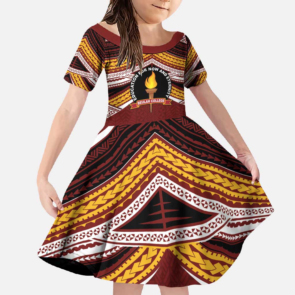 Personalised Tonga Beulah College Family Matching Off Shoulder Maxi Dress and Hawaiian Shirt Polynesian Ngatu Tribal LT9 Daughter's Dress Red - Polynesian Pride