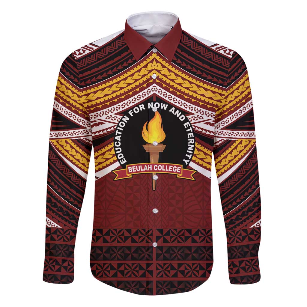 Personalised Tonga Beulah College Family Matching Puletasi and Hawaiian Shirt Polynesian Ngatu Tribal LT9 Dad's Shirt - Long Sleeve Red - Polynesian Pride