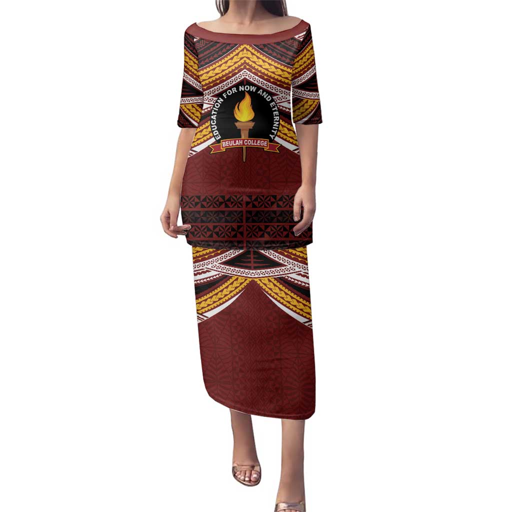 Personalised Tonga Beulah College Family Matching Puletasi and Hawaiian Shirt Polynesian Ngatu Tribal LT9 Mom's Dress Red - Polynesian Pride