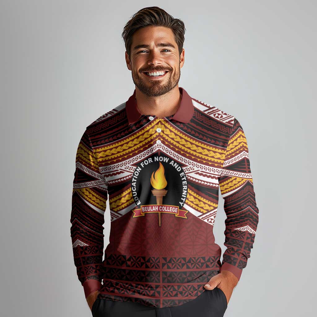 Personalised Tonga Beulah College Long Sleeve Polo Shirt Polynesian Ngatu Tribal