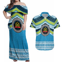 Personalised Tonga Lavengamalie College Couples Matching Off Shoulder Maxi Dress and Hawaiian Shirt Polynesian Ngatu Tribal LT9 Blue - Polynesian Pride