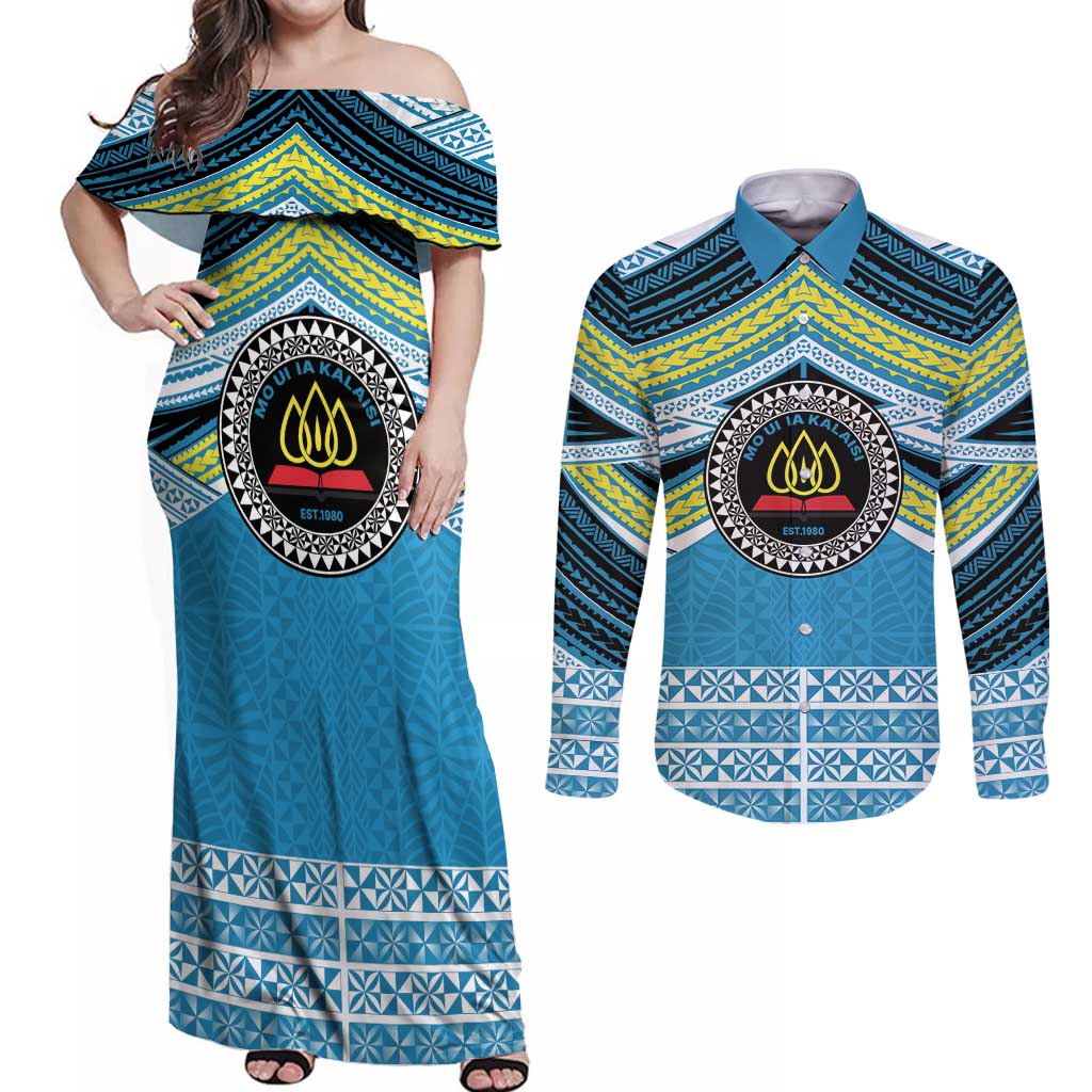 Personalised Tonga Lavengamalie College Couples Matching Off Shoulder Maxi Dress and Long Sleeve Button Shirt Polynesian Ngatu Tribal LT9 Blue - Polynesian Pride
