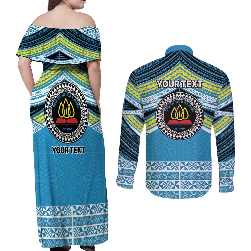 Personalised Tonga Lavengamalie College Couples Matching Off Shoulder Maxi Dress and Long Sleeve Button Shirt Polynesian Ngatu Tribal LT9 - Polynesian Pride