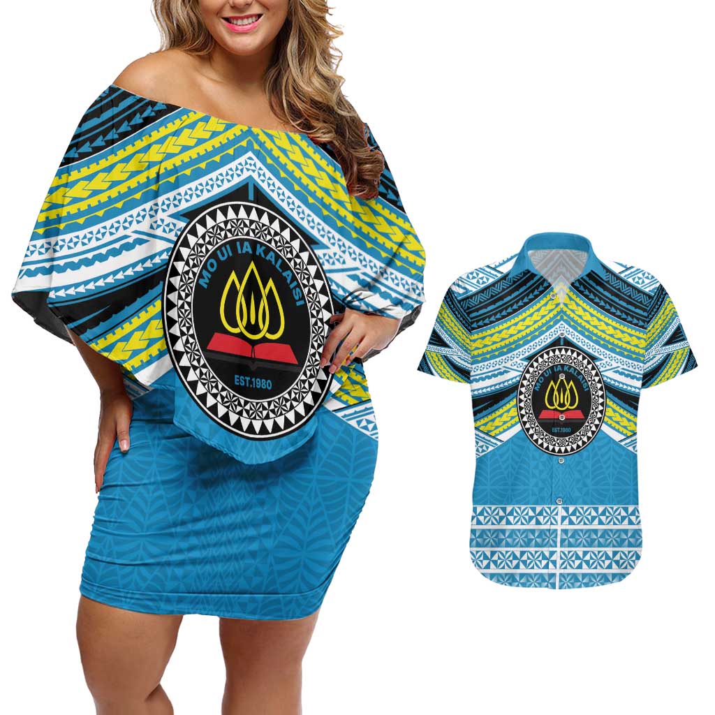 Personalised Tonga Lavengamalie College Couples Matching Off Shoulder Short Dress and Hawaiian Shirt Polynesian Ngatu Tribal LT9 Blue - Polynesian Pride