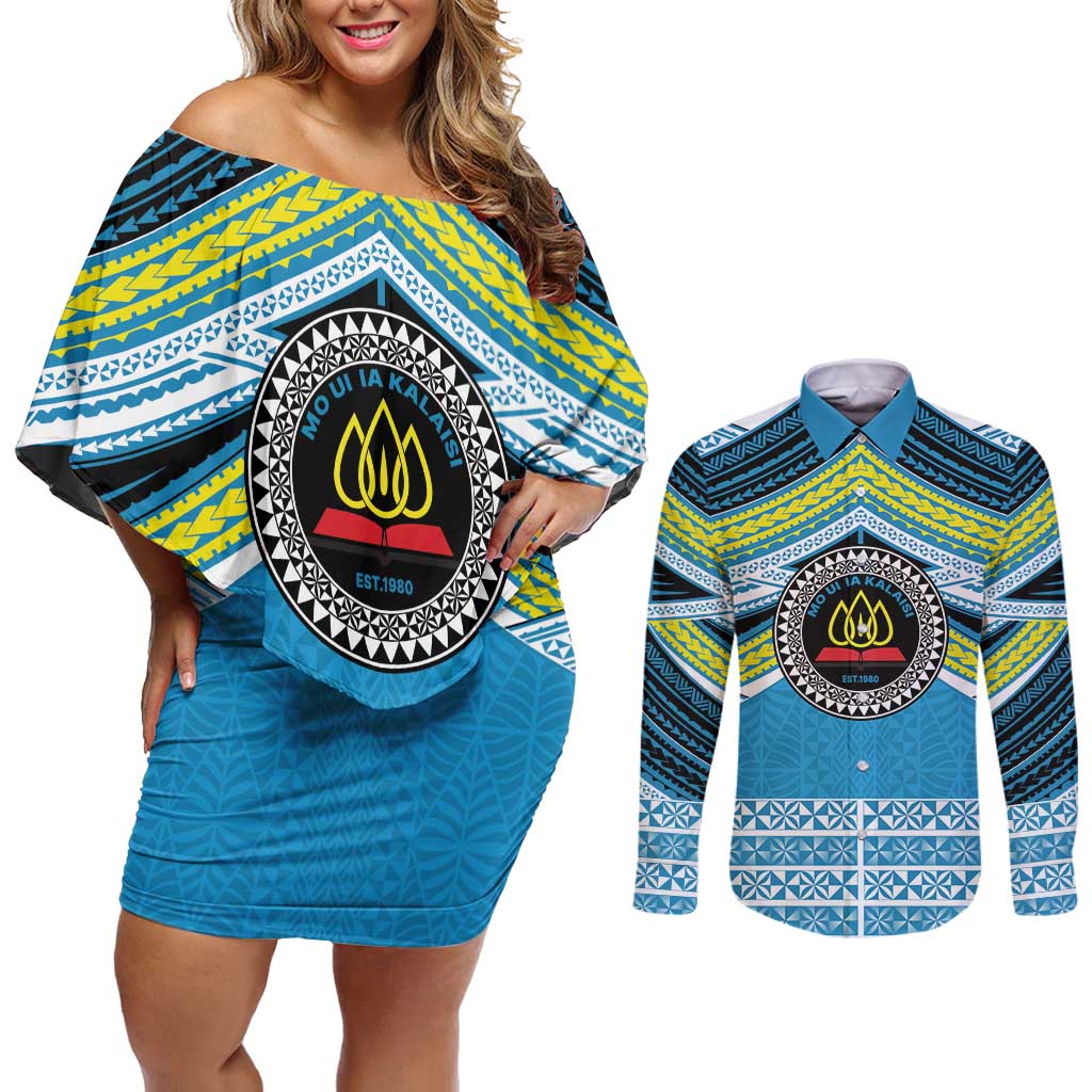 Personalised Tonga Lavengamalie College Couples Matching Off Shoulder Short Dress and Long Sleeve Button Shirt Polynesian Ngatu Tribal LT9 Blue - Polynesian Pride