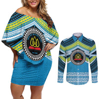 Personalised Tonga Lavengamalie College Couples Matching Off Shoulder Short Dress and Long Sleeve Button Shirt Polynesian Ngatu Tribal LT9 Blue - Polynesian Pride
