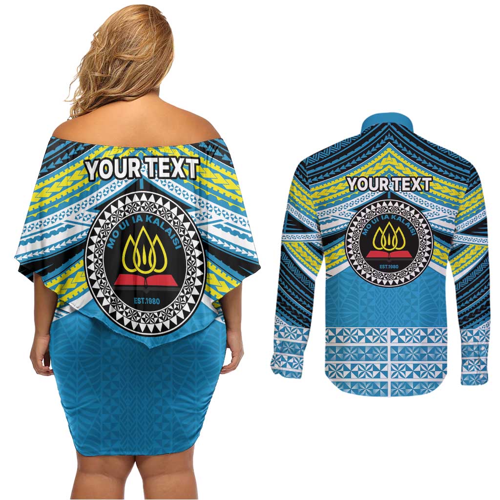 Personalised Tonga Lavengamalie College Couples Matching Off Shoulder Short Dress and Long Sleeve Button Shirt Polynesian Ngatu Tribal LT9 - Polynesian Pride