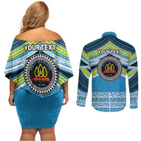 Personalised Tonga Lavengamalie College Couples Matching Off Shoulder Short Dress and Long Sleeve Button Shirt Polynesian Ngatu Tribal LT9 - Polynesian Pride