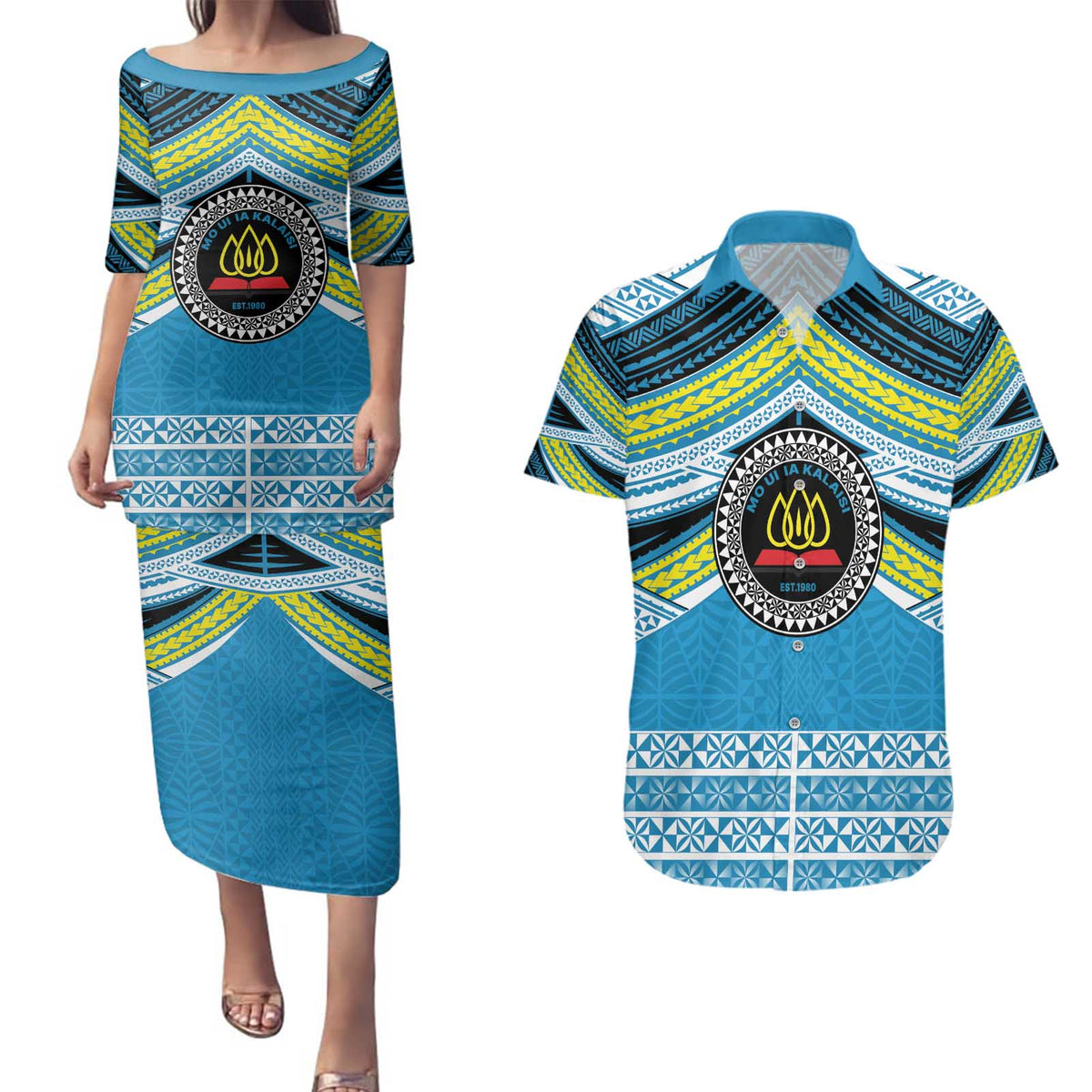 Personalised Tonga Lavengamalie College Couples Matching Puletasi and Hawaiian Shirt Polynesian Ngatu Tribal LT9 Blue - Polynesian Pride