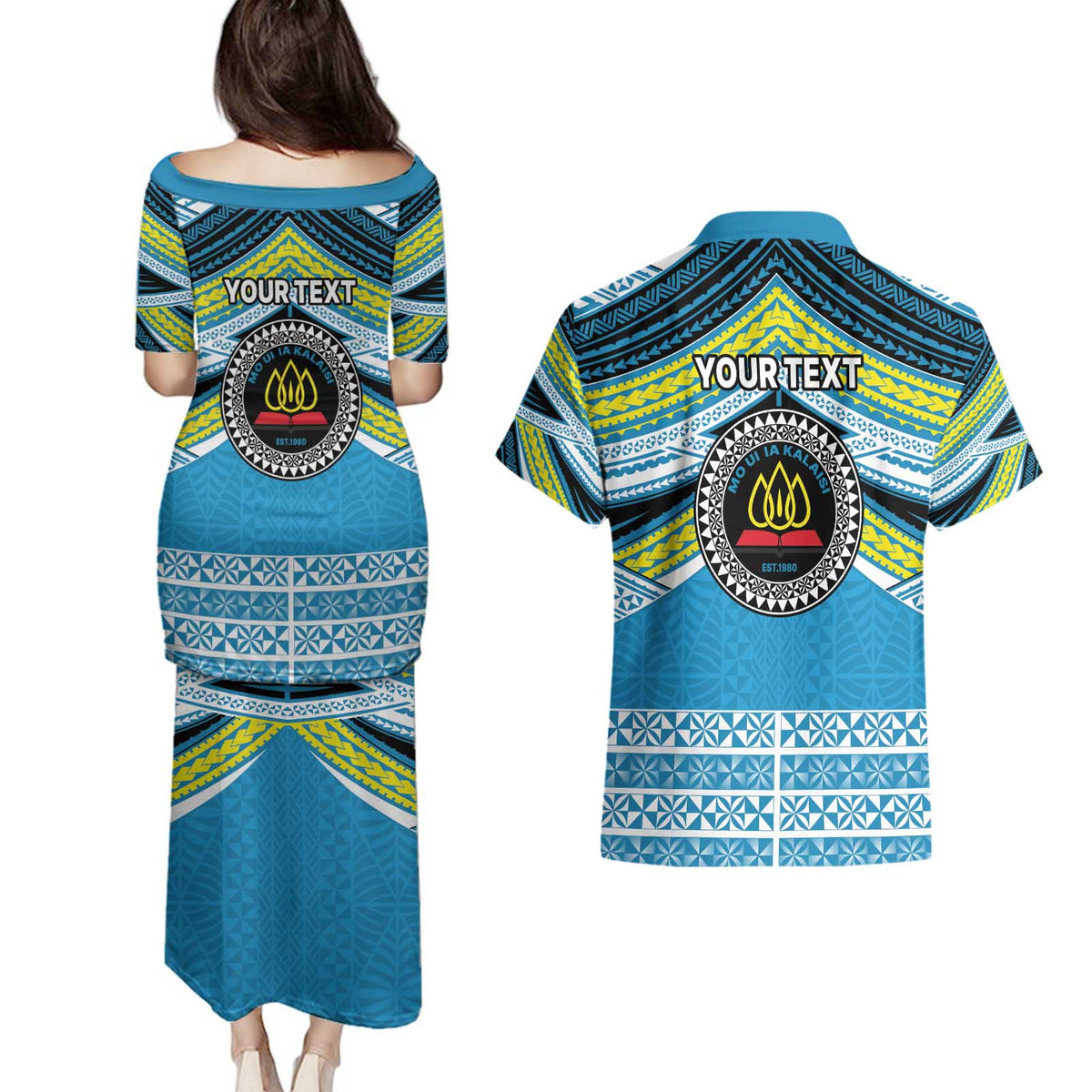 Personalised Tonga Lavengamalie College Couples Matching Puletasi and Hawaiian Shirt Polynesian Ngatu Tribal LT9 - Polynesian Pride