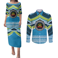 Personalised Tonga Lavengamalie College Couples Matching Puletasi and Long Sleeve Button Shirt Polynesian Ngatu Tribal LT9 Blue - Polynesian Pride