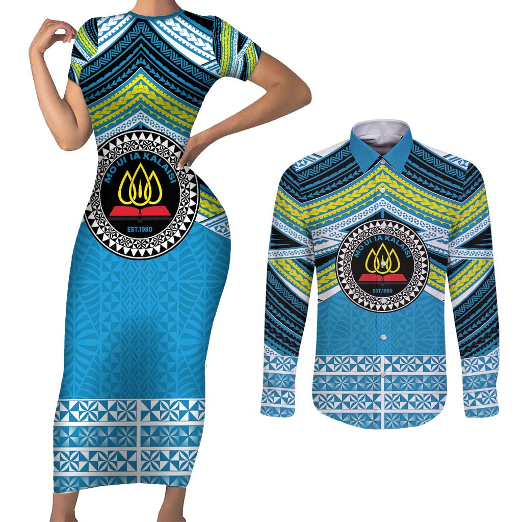 Personalised Tonga Lavengamalie College Couples Matching Short Sleeve Bodycon Dress and Long Sleeve Button Shirt Polynesian Ngatu Tribal