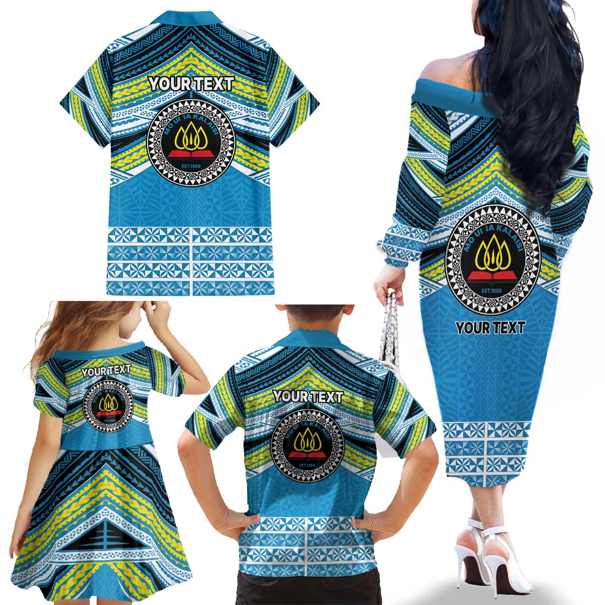 Personalised Tonga Lavengamalie College Family Matching Off The Shoulder Long Sleeve Dress and Hawaiian Shirt Polynesian Ngatu Tribal
