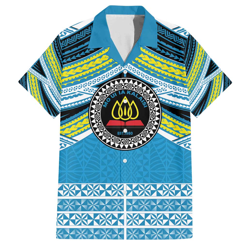 Personalised Tonga Lavengamalie College Family Matching Off Shoulder Maxi Dress and Hawaiian Shirt Polynesian Ngatu Tribal LT9 Dad's Shirt - Short Sleeve Blue - Polynesian Pride