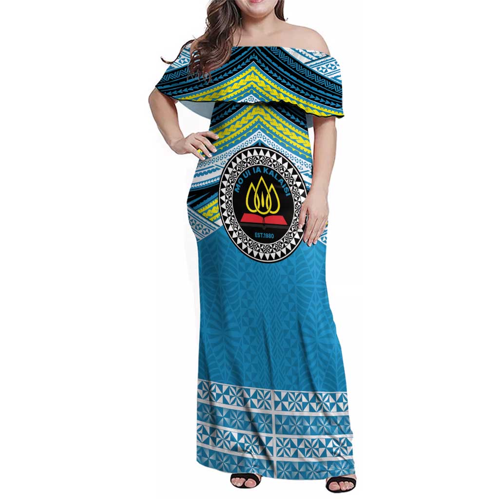 Personalised Tonga Lavengamalie College Family Matching Off Shoulder Maxi Dress and Hawaiian Shirt Polynesian Ngatu Tribal LT9 Mom's Dress Blue - Polynesian Pride