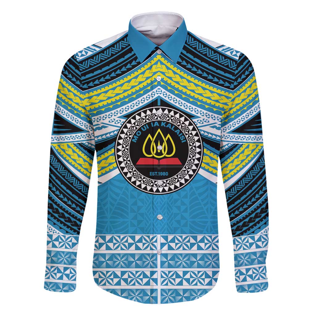Personalised Tonga Lavengamalie College Family Matching Puletasi and Hawaiian Shirt Polynesian Ngatu Tribal LT9 Dad's Shirt - Long Sleeve Blue - Polynesian Pride