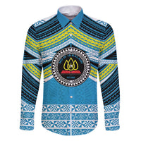Personalised Tonga Lavengamalie College Family Matching Puletasi and Hawaiian Shirt Polynesian Ngatu Tribal LT9 Dad's Shirt - Long Sleeve Blue - Polynesian Pride