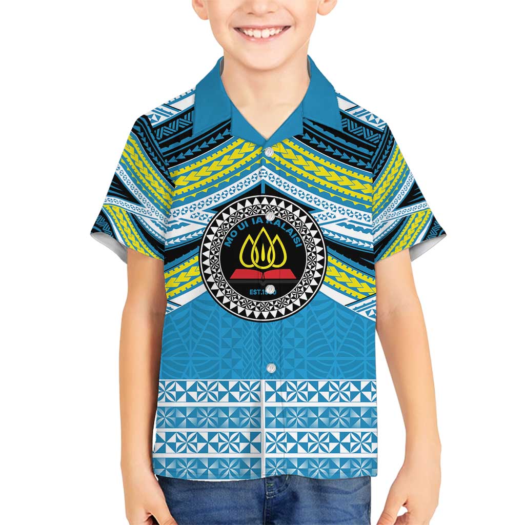 Personalised Tonga Lavengamalie College Family Matching Puletasi and Hawaiian Shirt Polynesian Ngatu Tribal LT9 Son's Shirt Blue - Polynesian Pride