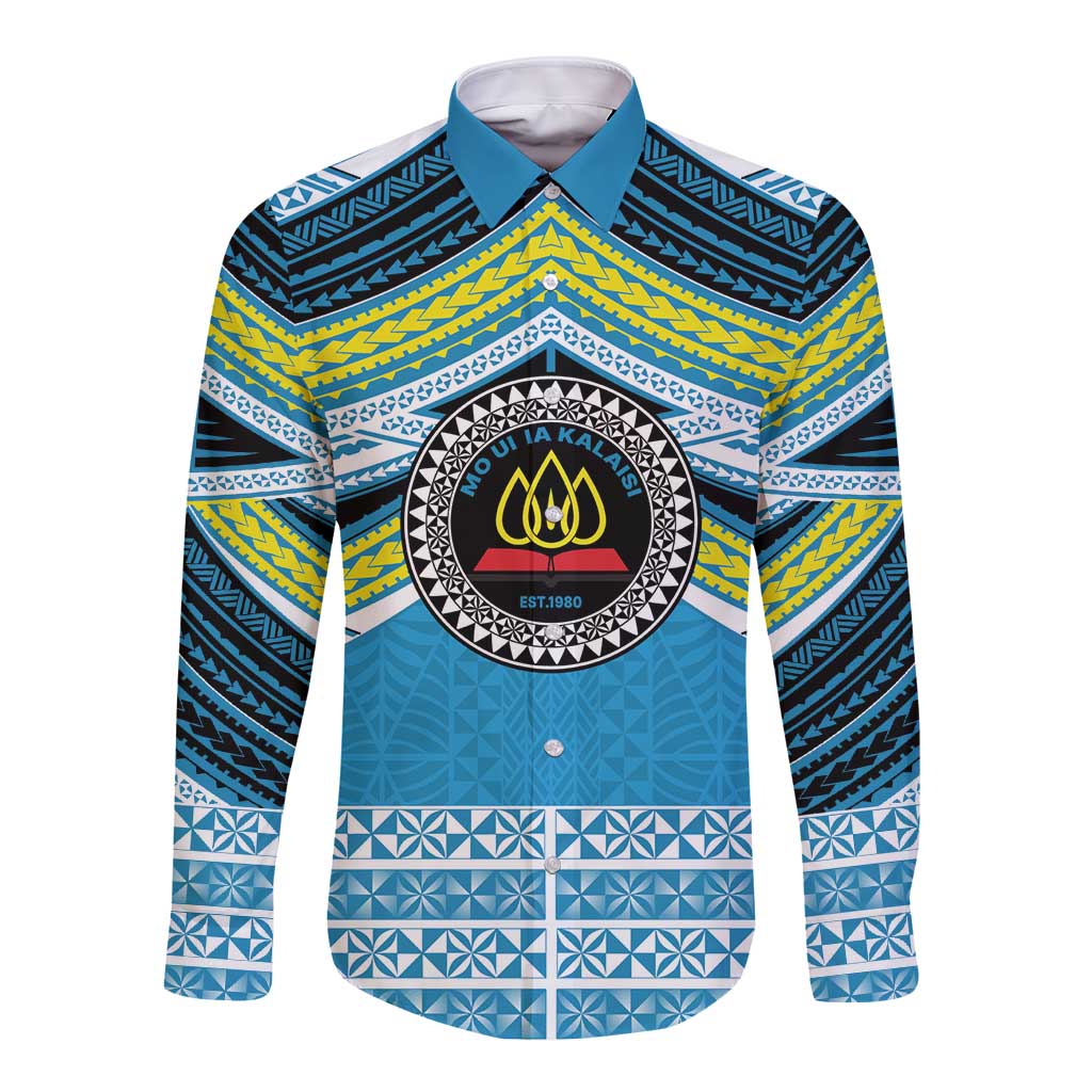 Personalised Tonga Lavengamalie College Long Sleeve Button Shirt Polynesian Ngatu Tribal LT9 Unisex Blue - Polynesian Pride