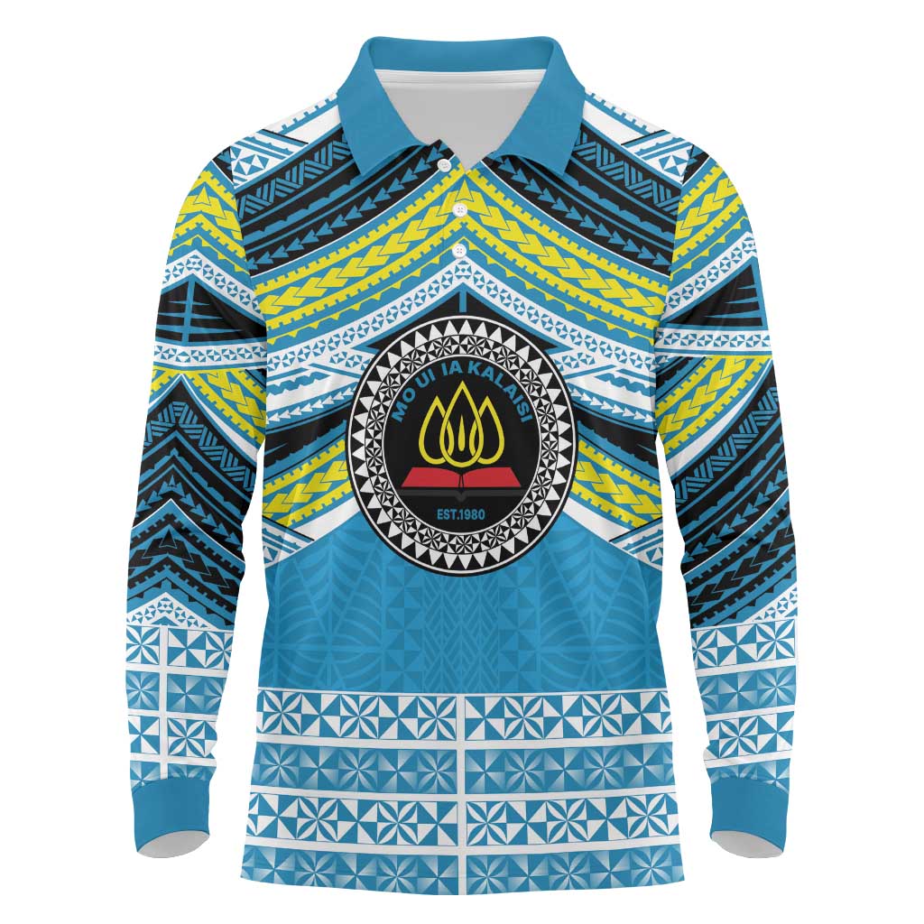 Personalised Tonga Lavengamalie College Long Sleeve Polo Shirt Polynesian Ngatu Tribal LT9 Blue - Polynesian Pride