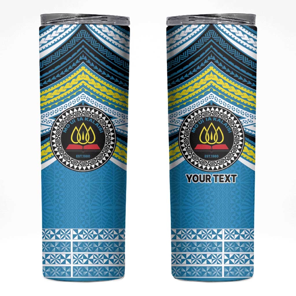 Personalised Tonga Lavengamalie College Skinny Tumbler Polynesian Ngatu Tribal LT9 Blue - Polynesian Pride
