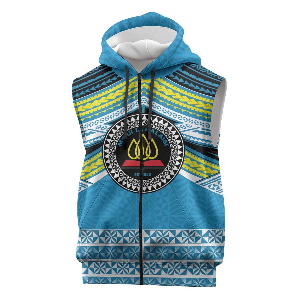 Personalised Tonga Lavengamalie College Sleeveless Zip Hoodie Polynesian Ngatu Tribal LT9 Blue - Polynesian Pride