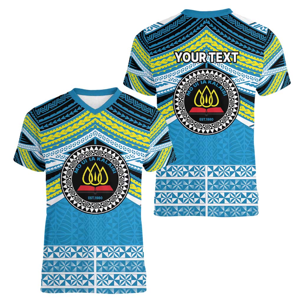 Personalised Tonga Lavengamalie College Women V-Neck T-Shirt Polynesian Ngatu Tribal LT9 - Polynesian Pride