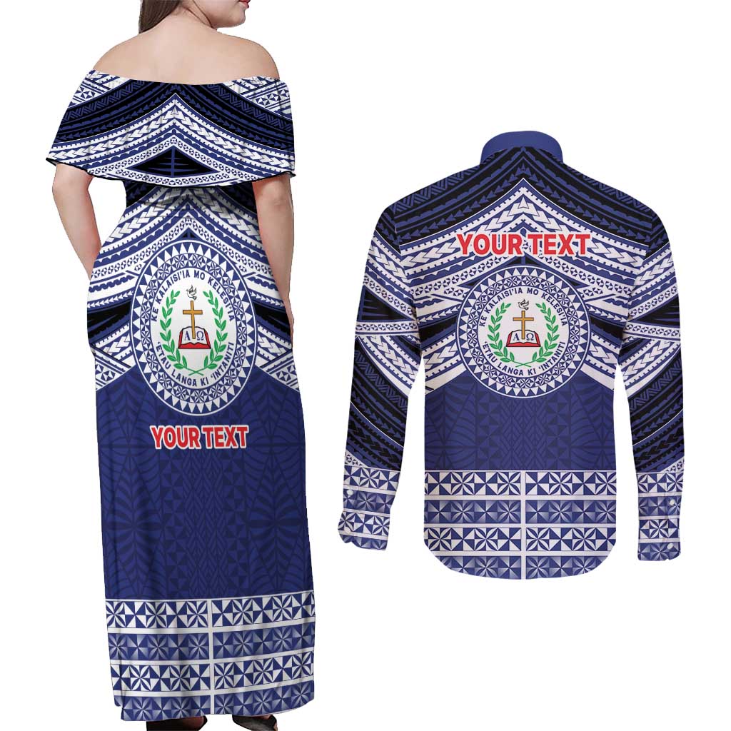 Personalised Tonga Sia'atoutai Theological College Couples Matching Off Shoulder Maxi Dress and Long Sleeve Button Shirt Polynesian Ngatu Tribal LT9 - Polynesian Pride