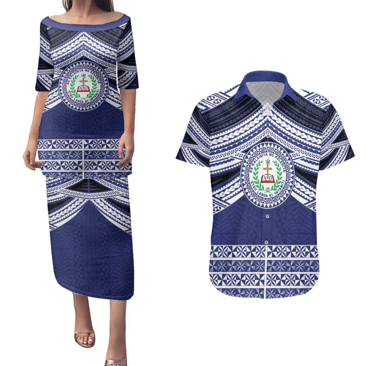 Personalised Tonga Sia'atoutai Theological College Couples Matching Puletasi and Hawaiian Shirt Polynesian Ngatu Tribal LT9 Blue - Polynesian Pride