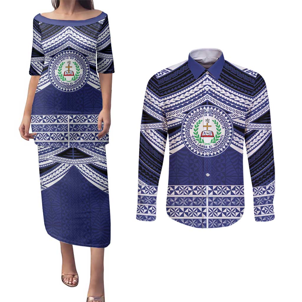 Personalised Tonga Sia'atoutai Theological College Couples Matching Puletasi and Long Sleeve Button Shirt Polynesian Ngatu Tribal LT9 Blue - Polynesian Pride