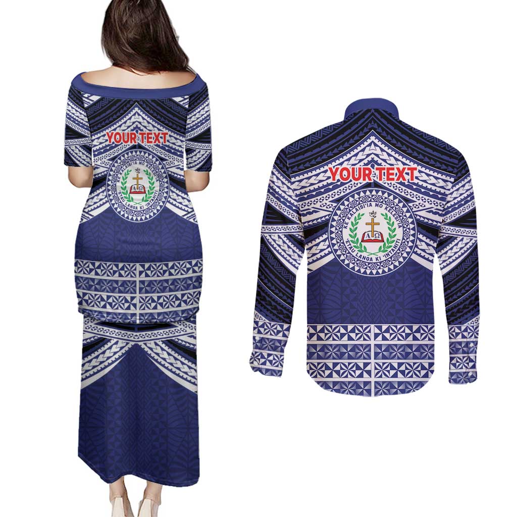 Personalised Tonga Sia'atoutai Theological College Couples Matching Puletasi and Long Sleeve Button Shirt Polynesian Ngatu Tribal LT9 - Polynesian Pride