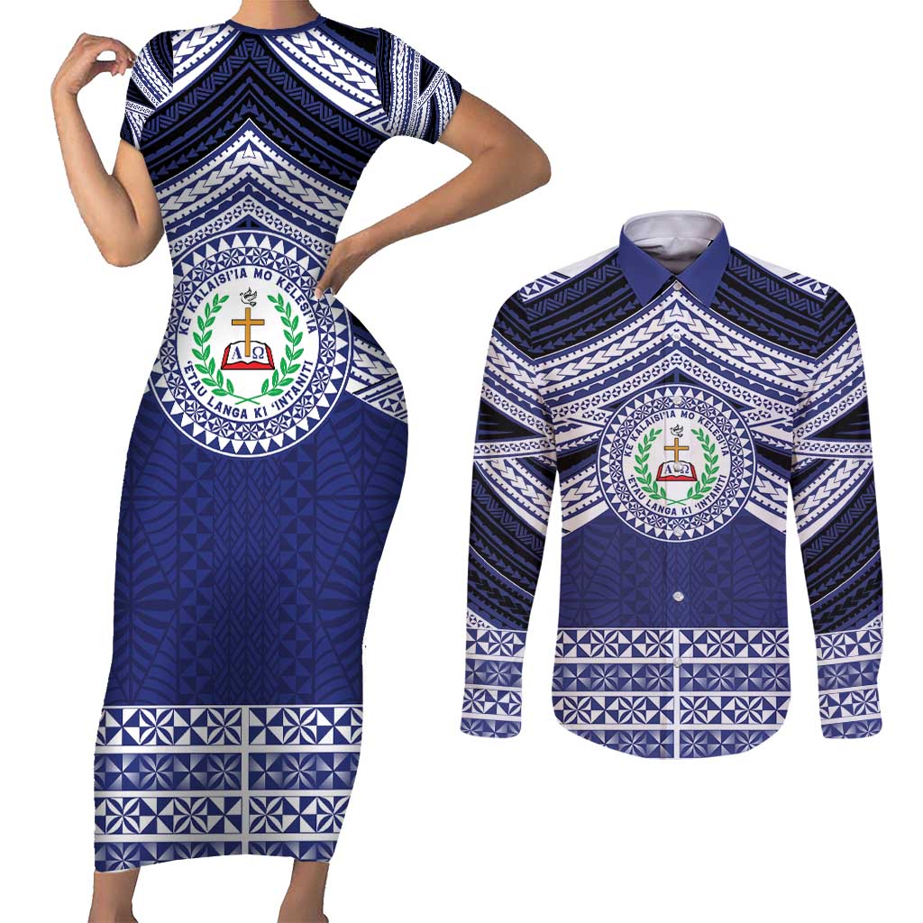 Personalised Tonga Sia'atoutai Theological College Couples Matching Short Sleeve Bodycon Dress and Long Sleeve Button Shirt Polynesian Ngatu Tribal